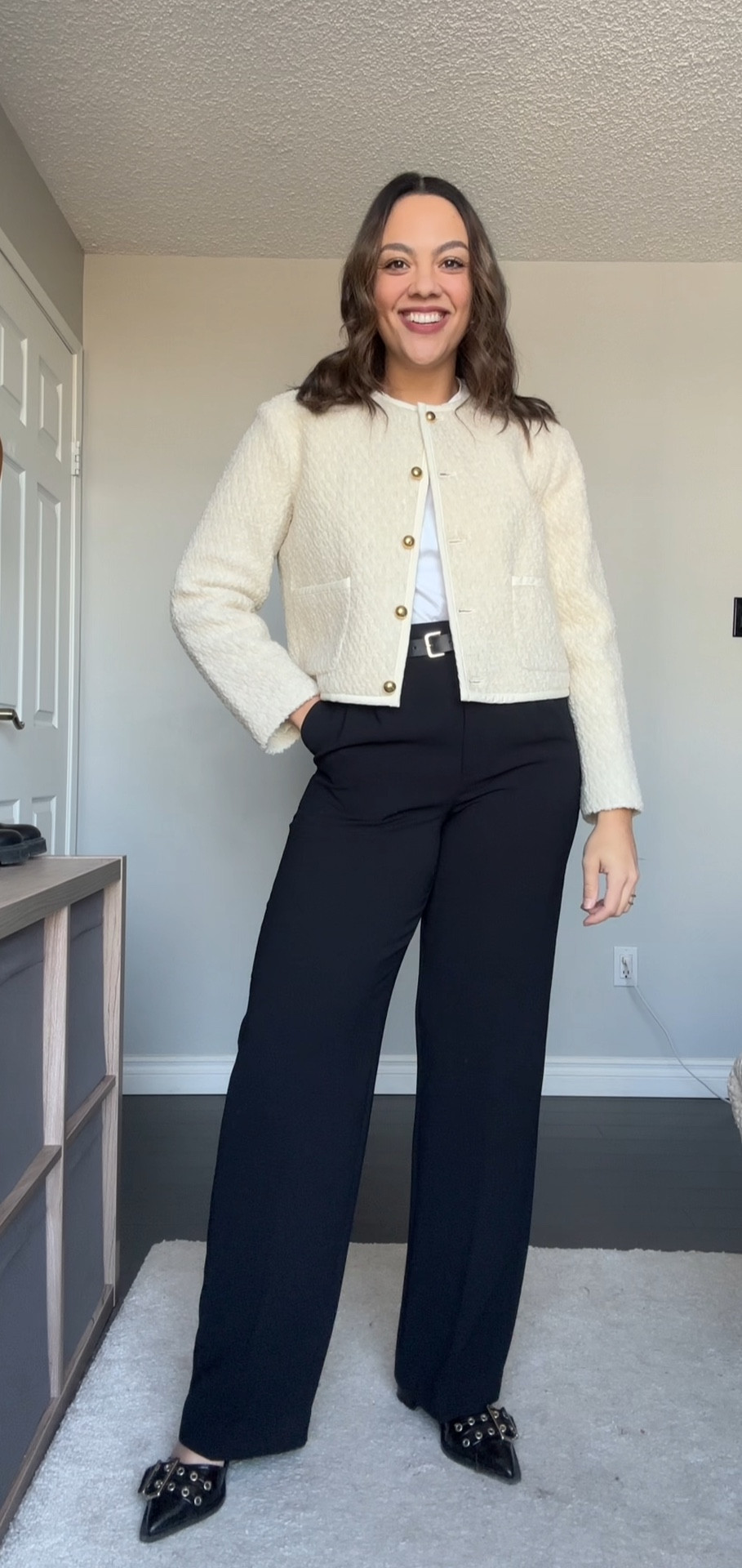 Workwear outfit inspiration!
-White T-shirt from Aritzia, I have a small 
-Outfit 1: Reformation cream bouclé jacket, I have a medium 
-Outfit 2: Black oversized blazer, simile linked 
-Aritzia black high rise tailored trousers, I have a size 8
-Black belt with gold buckle 
-Ganni black patent leather heeled pumps with buckle


#LTKSeasonal #LTKfindsunder100 #LTKstyletip