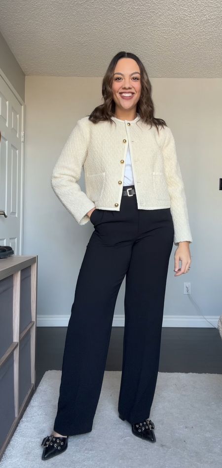 Workwear outfit inspiration!
-White T-shirt from Aritzia, I have a small 
-Outfit 1: Reformation cream bouclé jacket, I have a medium 
-Outfit 2: Black oversized blazer, simile linked 
-Aritzia black high rise tailored trousers, I have a size 8
-Black belt with gold buckle 
-Ganni black patent leather heeled pumps with buckle


#LTKSeasonal #LTKfindsunder100 #LTKstyletip