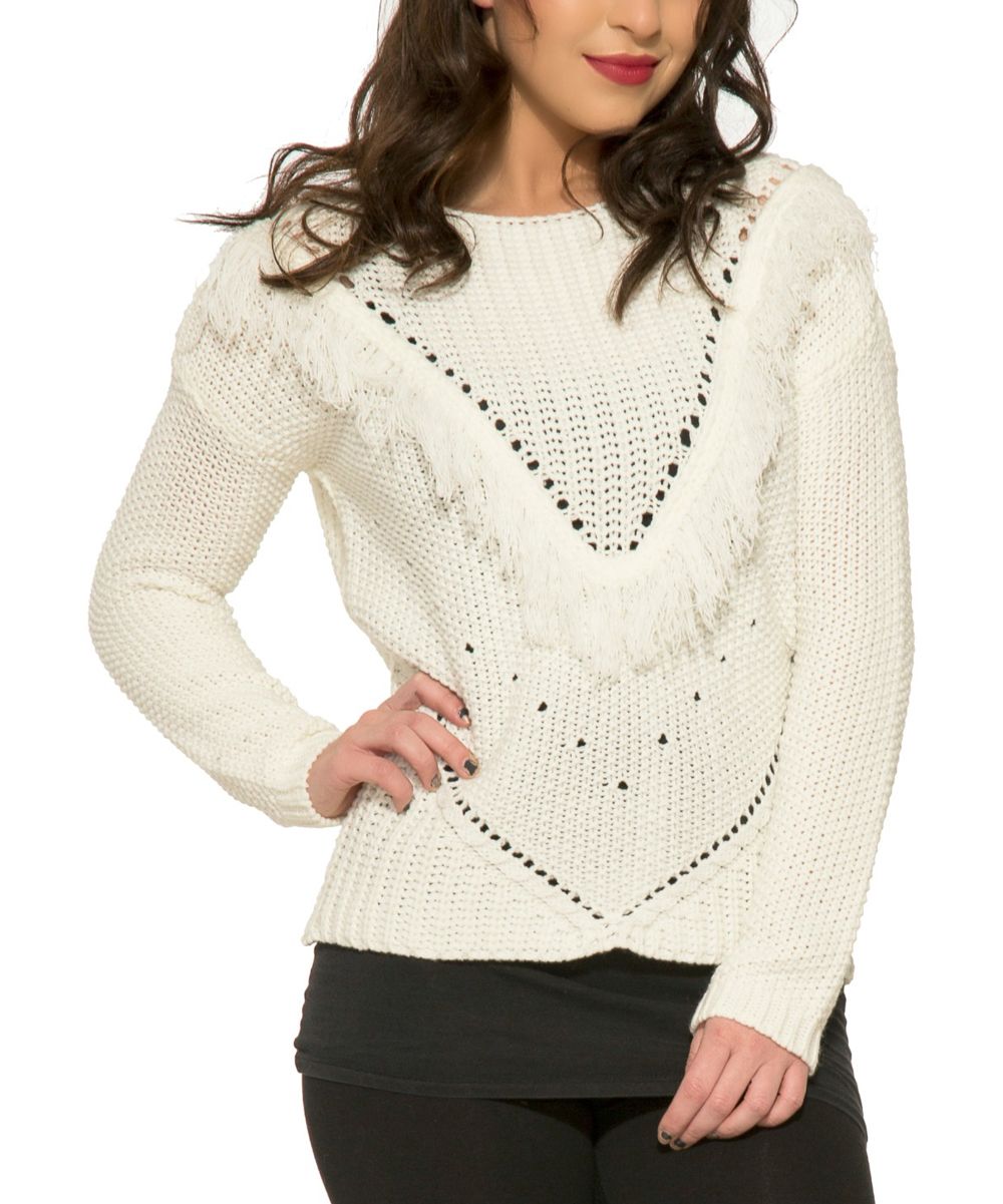 HEARTS & ROSES LONDON Women's Pullover Sweaters White - White Fringe-Trim Sweater - Women | Zulily