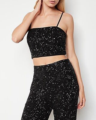 Black Sequin Cropped Square Neck Cami | Express