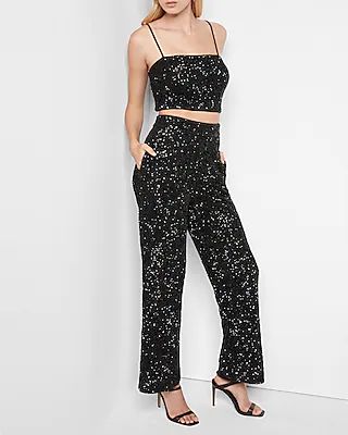 Black Sequin Cropped Square Neck Cami | Express