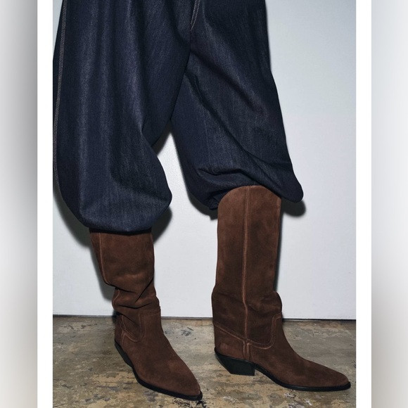 ZARA SPLIT LEATHER HEELED COWBOY BOOTS Brown Suede Knee-High Boots | Poshmark