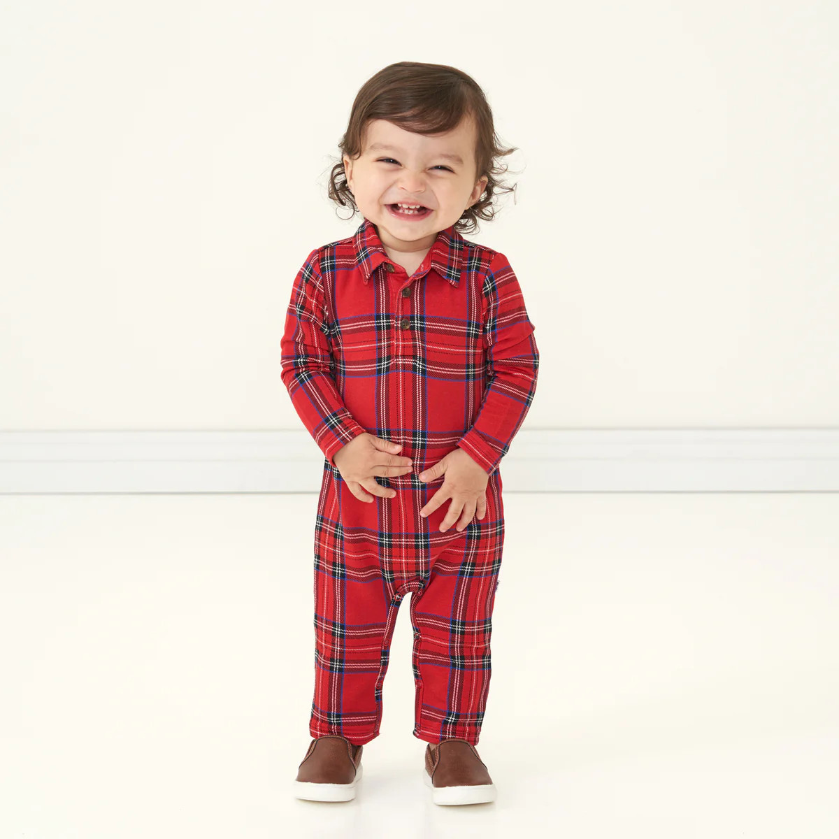 Holiday Plaid Long Sleeve Polo Romper | Little Sleepies