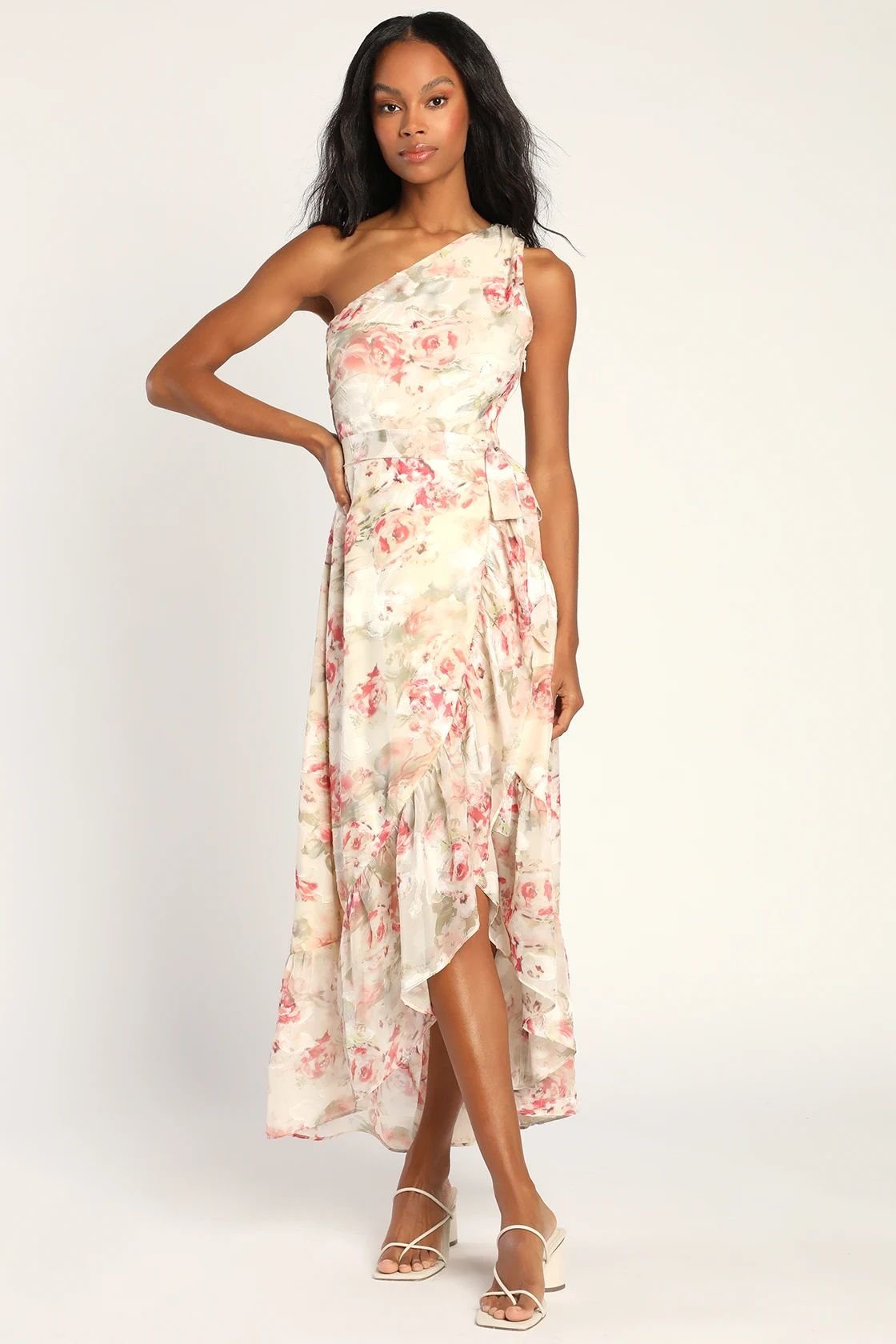 Sending Signals Cream Floral One-Shoulder High Low Dress | Lulus (US)