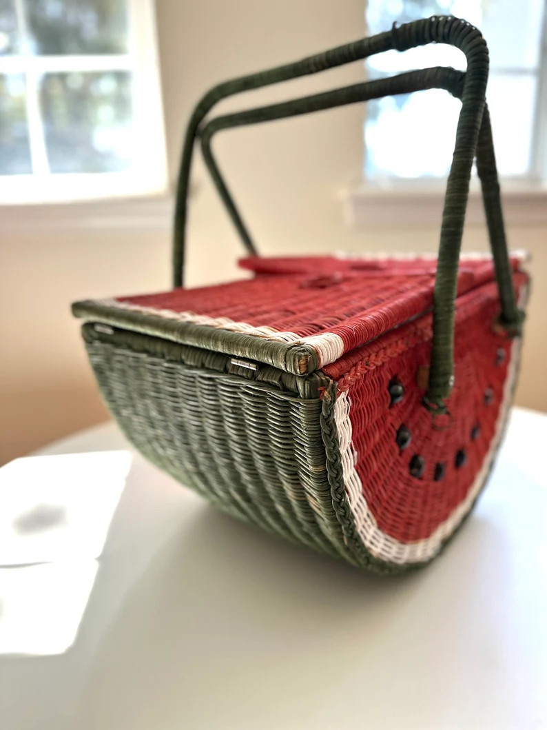 Vtg Watermelon Wicker Basket With Dish Set - Etsy | Etsy (US)