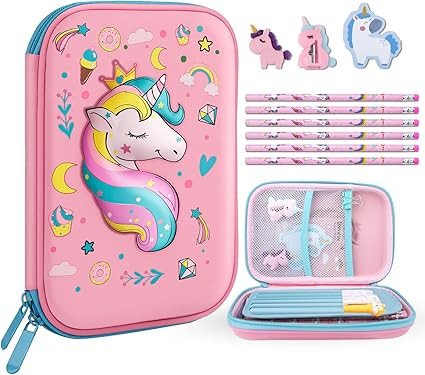Pencil Case for Girls,Cute Unicorn Stationary Set for Kids,3D EVA School Large Capacity Pencil Pe... | Amazon (US)