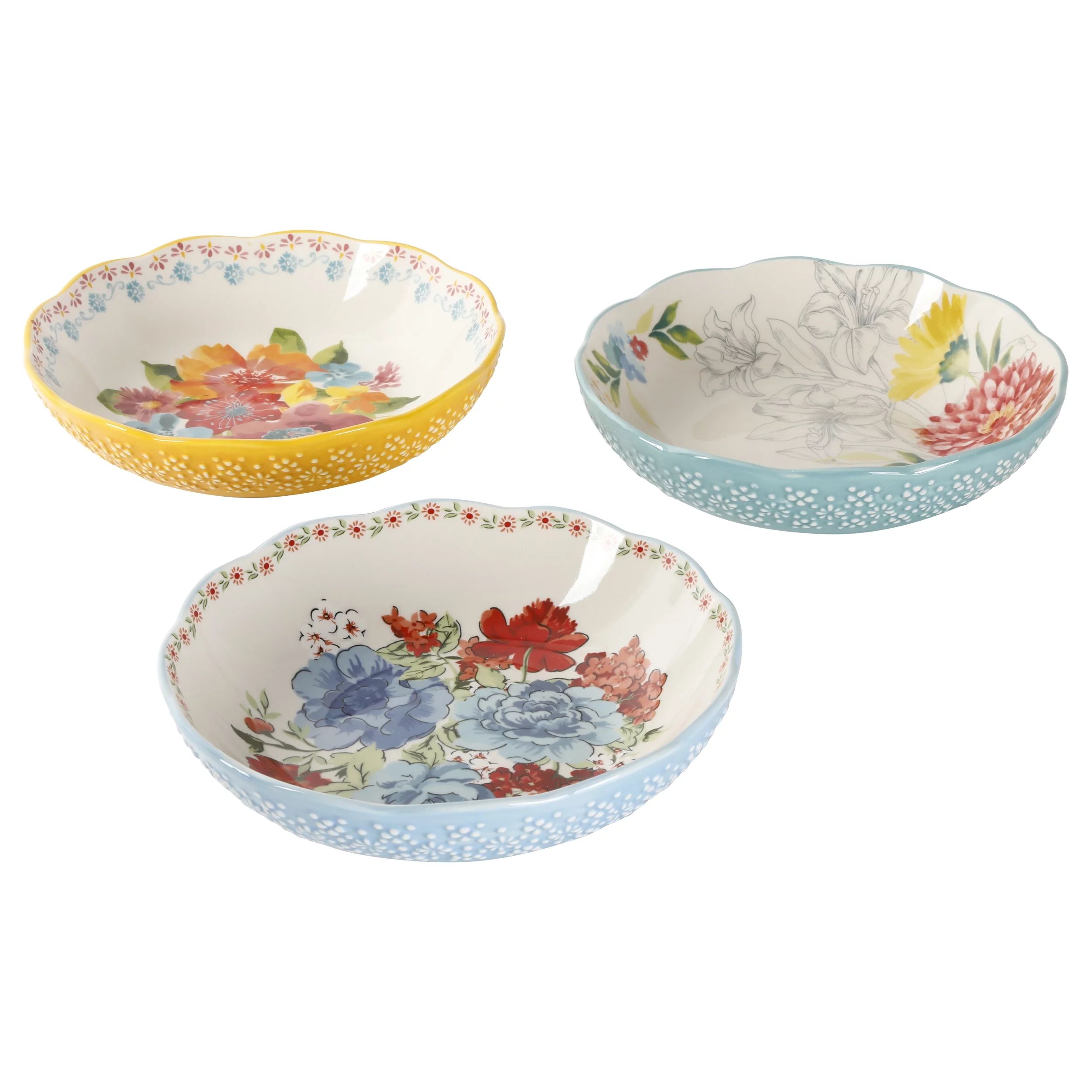 The Pioneer Woman Floral Medley Assorted Ceramic 7.5-inch Pasta Bowls, 3-Pack | Walmart (US)