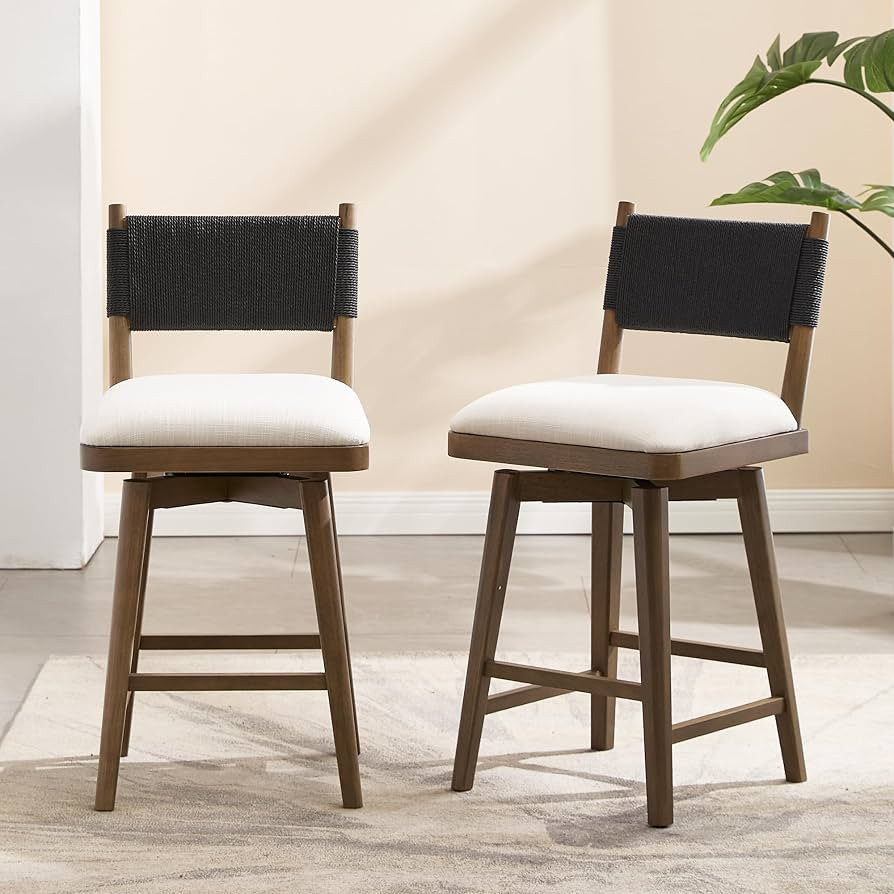 Swivel Counter Stools Set of 2 for Kitchen Island, Farmhouse Linen Fabric Bar Stool Chairs with W... | Amazon (US)