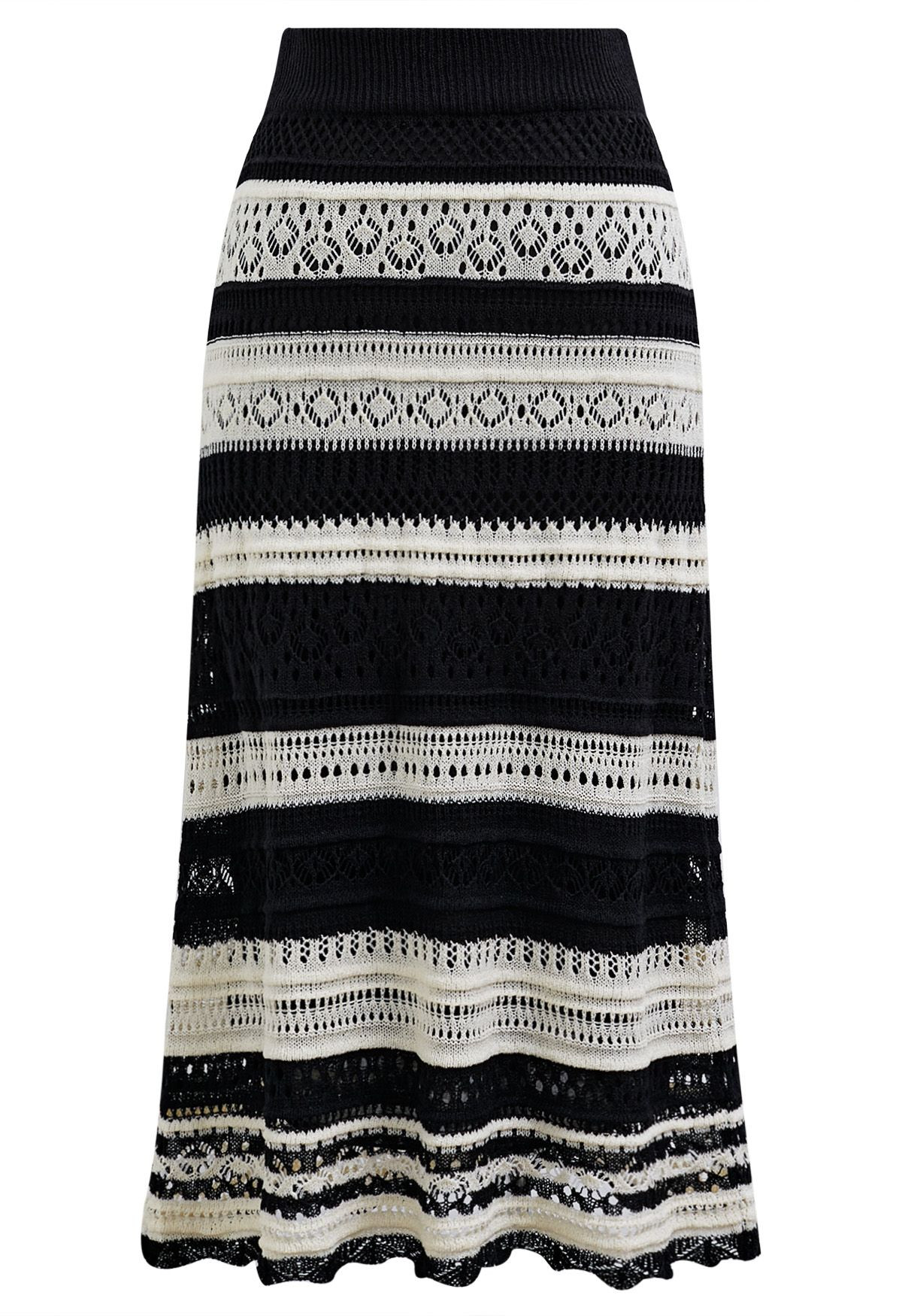 Striped Pointelle Lace Knit Midi Skirt in Black | Chicwish