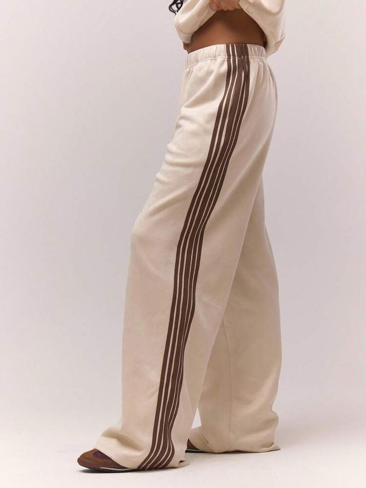 MUSERA Wide Leg Stripe Side Elasticated Waist Joggers Only , , Old Money, Cute, Country, Cottage Core, Back To School Casual Lounge For Women Butterscotch Summer | SHEIN