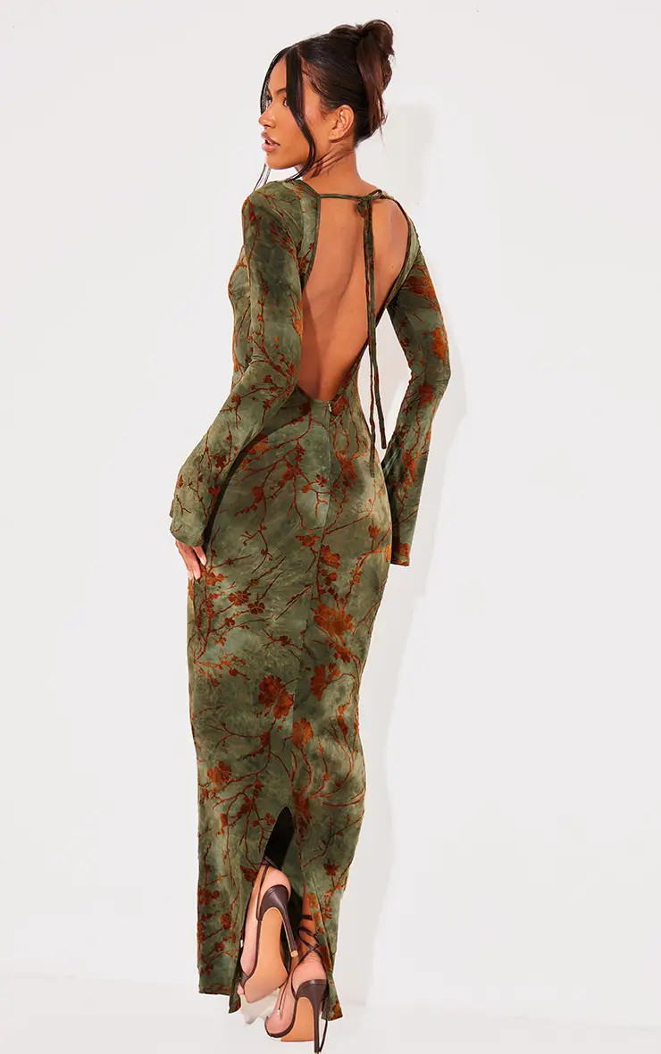 Green Floral Devore Long Sleeve Maxi Dress | PrettyLittleThing US