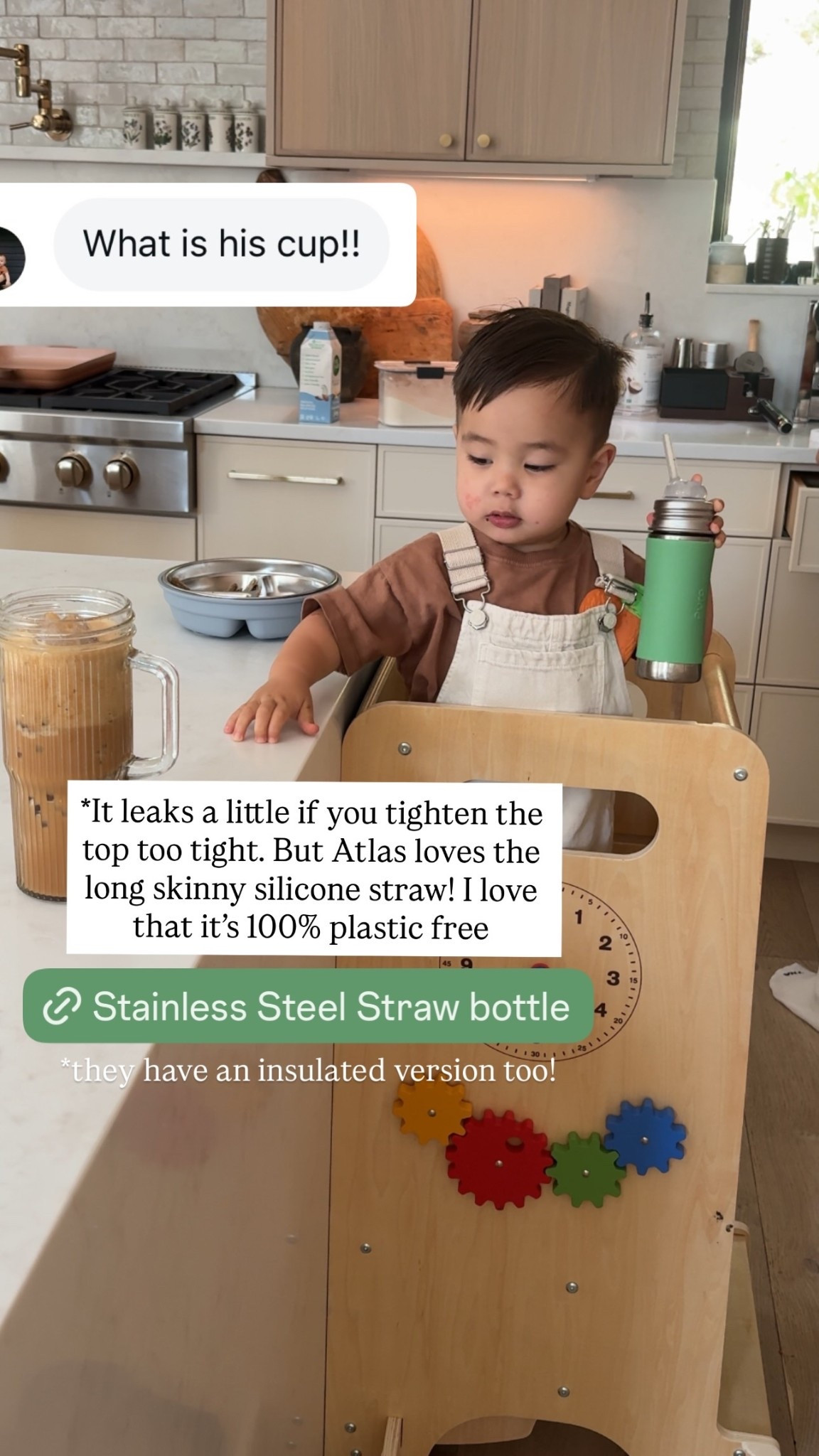 *It leaks a little if you tighten the top too tight. But Atlas loves the long skinny silicone straw! I love that it’s 100% plastic free @pura *they have an insulated version too!