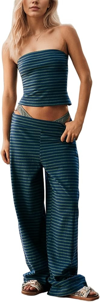 Women Sailor Tube Top Set 2 Piece Outfits Striped Strapless Bandeau Low Waist Wide-Leg Pants Loun... | Amazon (US)