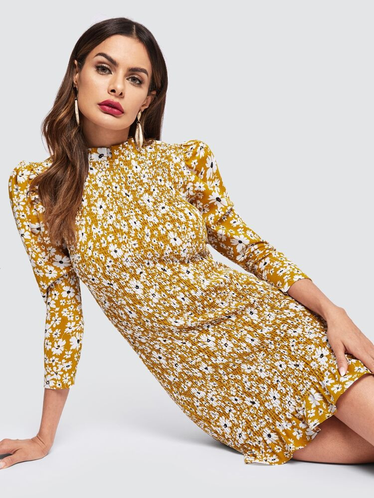 Daisy Print Ruffle Hem Shirred Dress | SHEIN