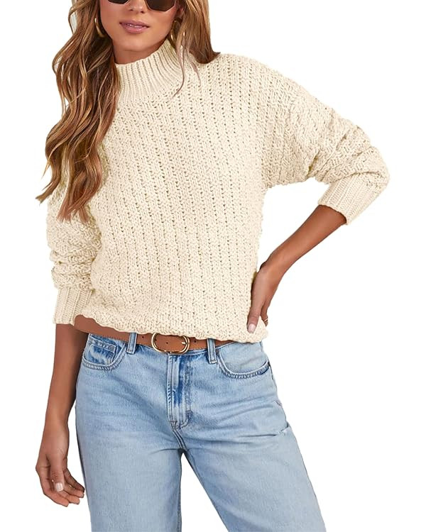 Women's Textured Mock Neck Knit Sweater Long Sleeve Turtleneck Sweater 2024 Fall Winter Chunky Kn... | Amazon (US)