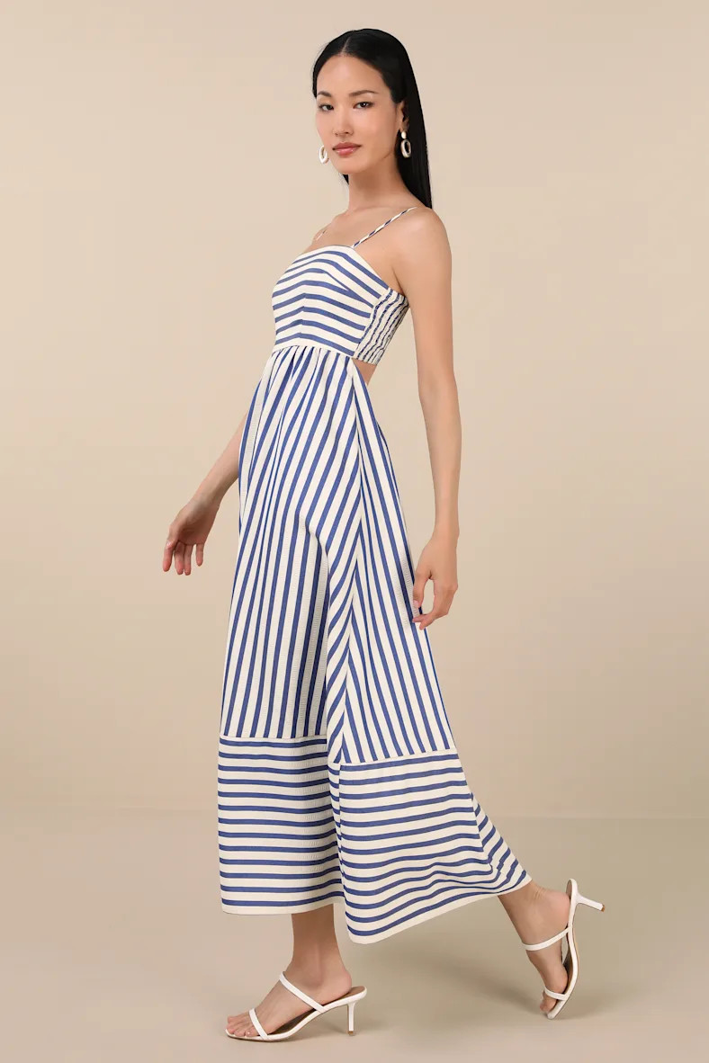 Exceptionally Pristine Blue and Cream Striped Cutout Midi Dress | Lulus