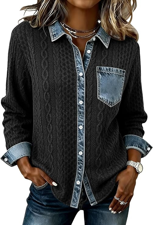 SAUKOLE Jean Patchwork Jacket 2026 Fall Denim Cable Knit Shacket | Amazon (US)