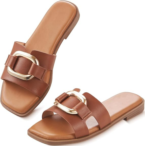 Womens Sandals Slip On Flat for Summer Comfortable Ladies Dressy Fashion Square Open Toe Slides F... | Amazon (US)