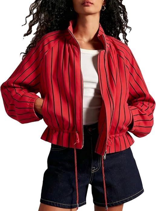 Colorful world Women Striped Jacket Funnel Neck Causal Fashion Cropped Coat | Amazon (US)