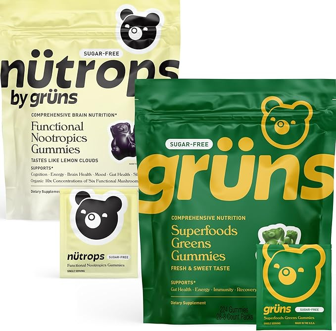 Gruns Superfood Green + New Nütrops Gummy Bear Sugar-Free Bundle, Nutritional Supplement 2-Pack,... | Amazon (US)
