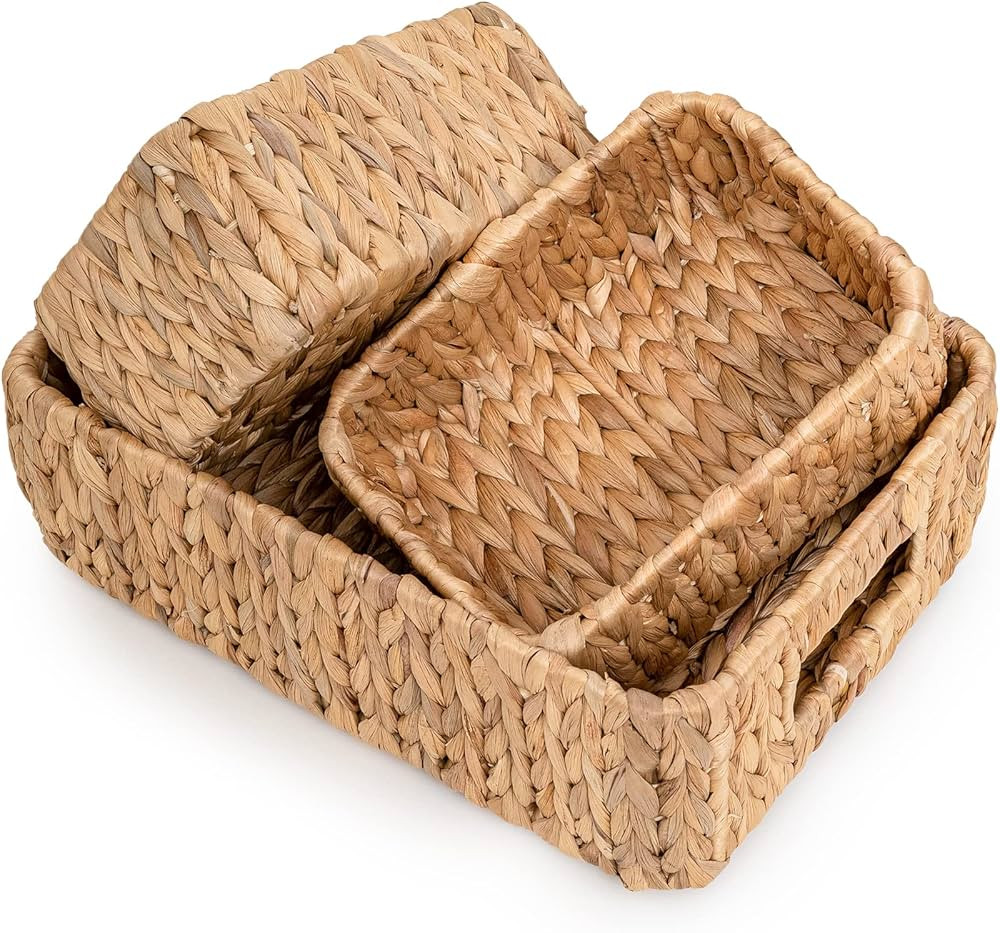LiLaCraft Set 3 Natural Storage Baskets for Organizing, Wicker Cubby Storage Bins, Water Hyacinth... | Amazon (US)