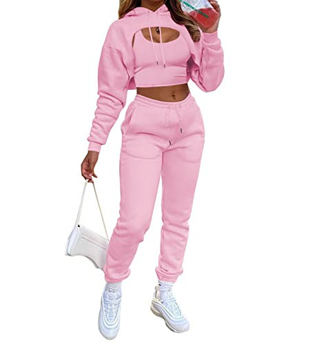 Vssjavun Pink Outfits for Women Sexy Long Sleeve Pullover Crop Hoodie Tank Top Jogging Long Pant Sets Work Out Sets for Women 2 Piece Two Piece Outfit Pink S | Amazon (US)