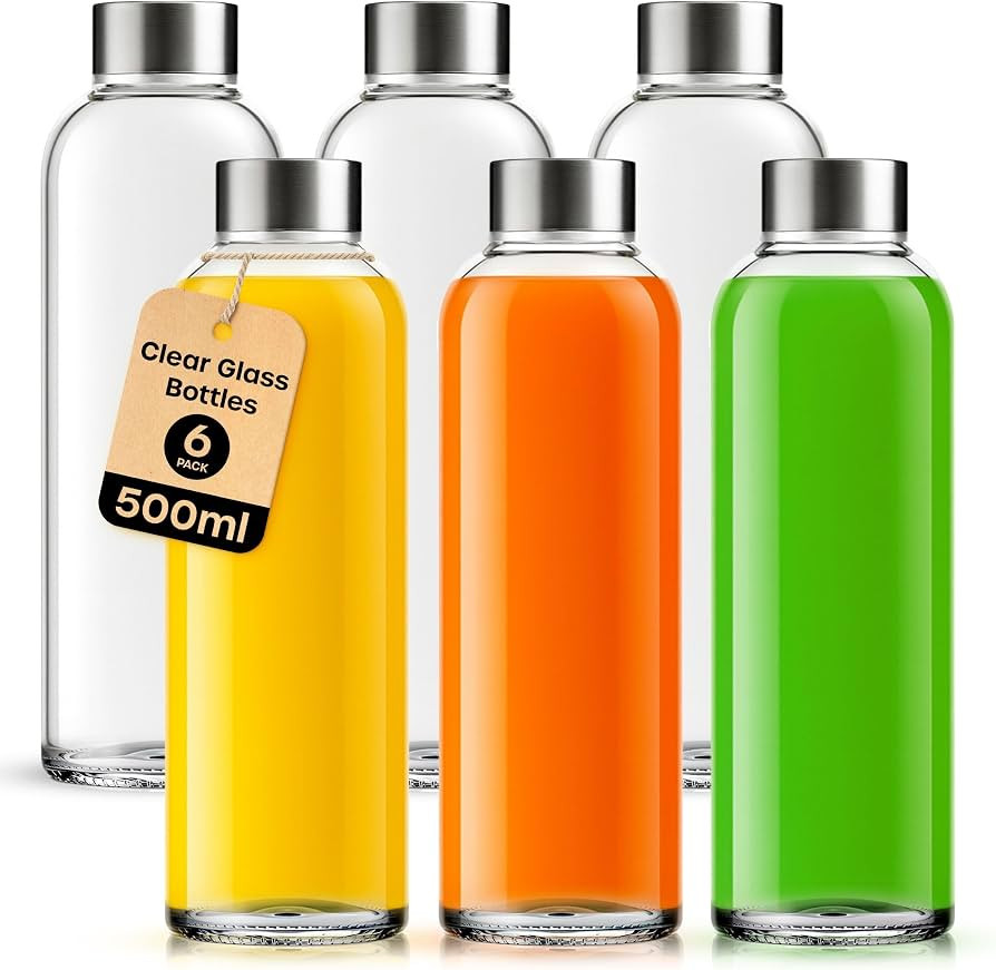 volila Glass Bottles with Lids - 6 Pack 500ml Leakproof, Reusable Glass Drinking Bottle for Water... | Amazon (UK)
