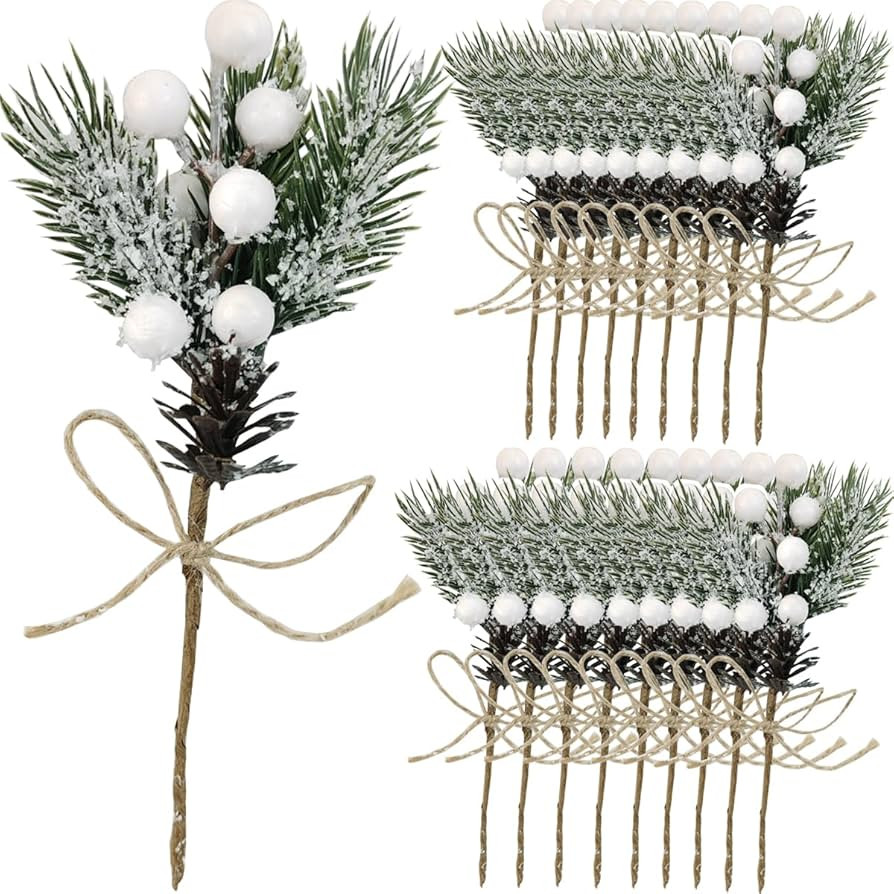 TIHOOD 20PCS 8inch Artificial Christmas Floral Picks, White Fake Berry Picks Stems, Pine Branches... | Amazon (US)