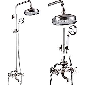 Brushed Nickel Bathtub Shower Faucet System 8-inch Rainfall Showerhead with Handheld Spray Dual Cros | Amazon (US)
