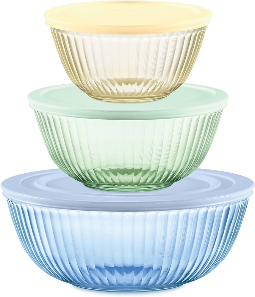 Pyrex Colors (3-Pack, Full Set) Sculpted Tinted Glass Mixing Bowls With Lids, Nesting Space Savin... | Amazon (US)