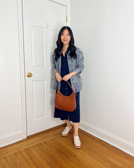 Denim jacket
Navy dress (2P)
Navy midi dress
Brown bag
Brown crescent bag
White loafers (TTS)
White chunky loafers
Smart casual outfit
Spring outfit
Weekend outfit
LOFT outfit

#LTKstyletip #LTKfindsunder100 #LTKSeasonal