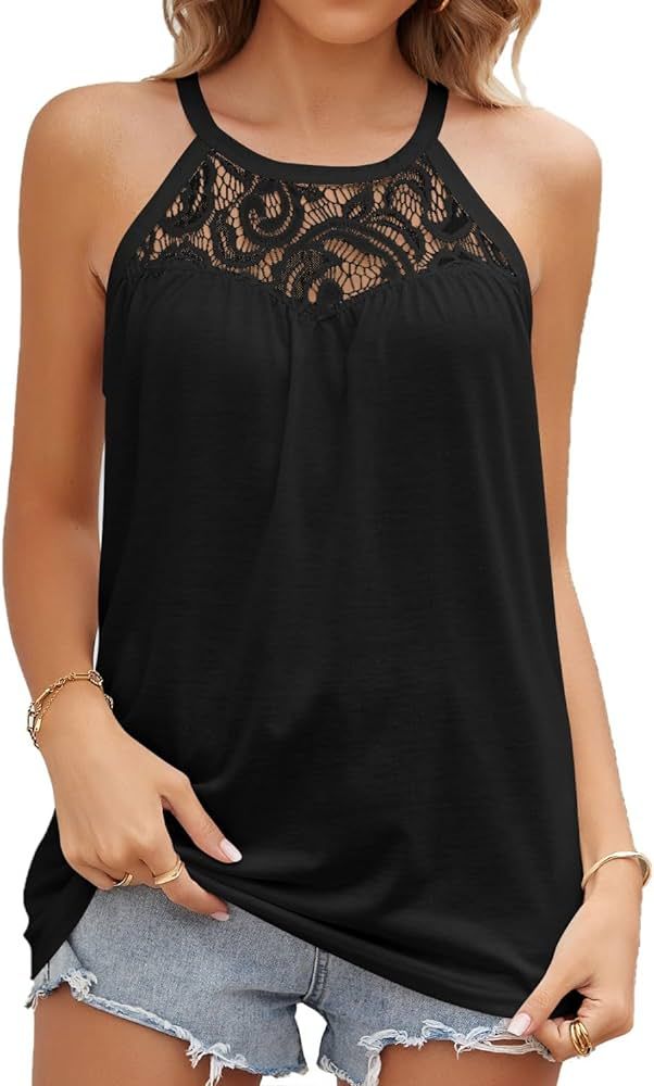 Women Spring Summer Strap Halter Vest Tunic Loose Spaghetti Strap Top Lace Patchwork T-Shirt Slee... | Amazon (US)