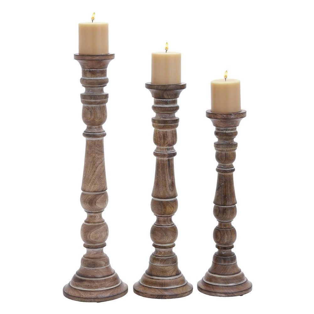 Set of 3 Whitewashed Wooden Candle Holders Brown - Olivia & May | Target