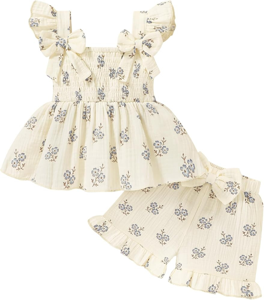 YOUNGER TREE Toddler Girl Clothes Baby Girls Ruffle Sleeveless Bowknot Dress Tops Shorts Set Cute... | Amazon (US)