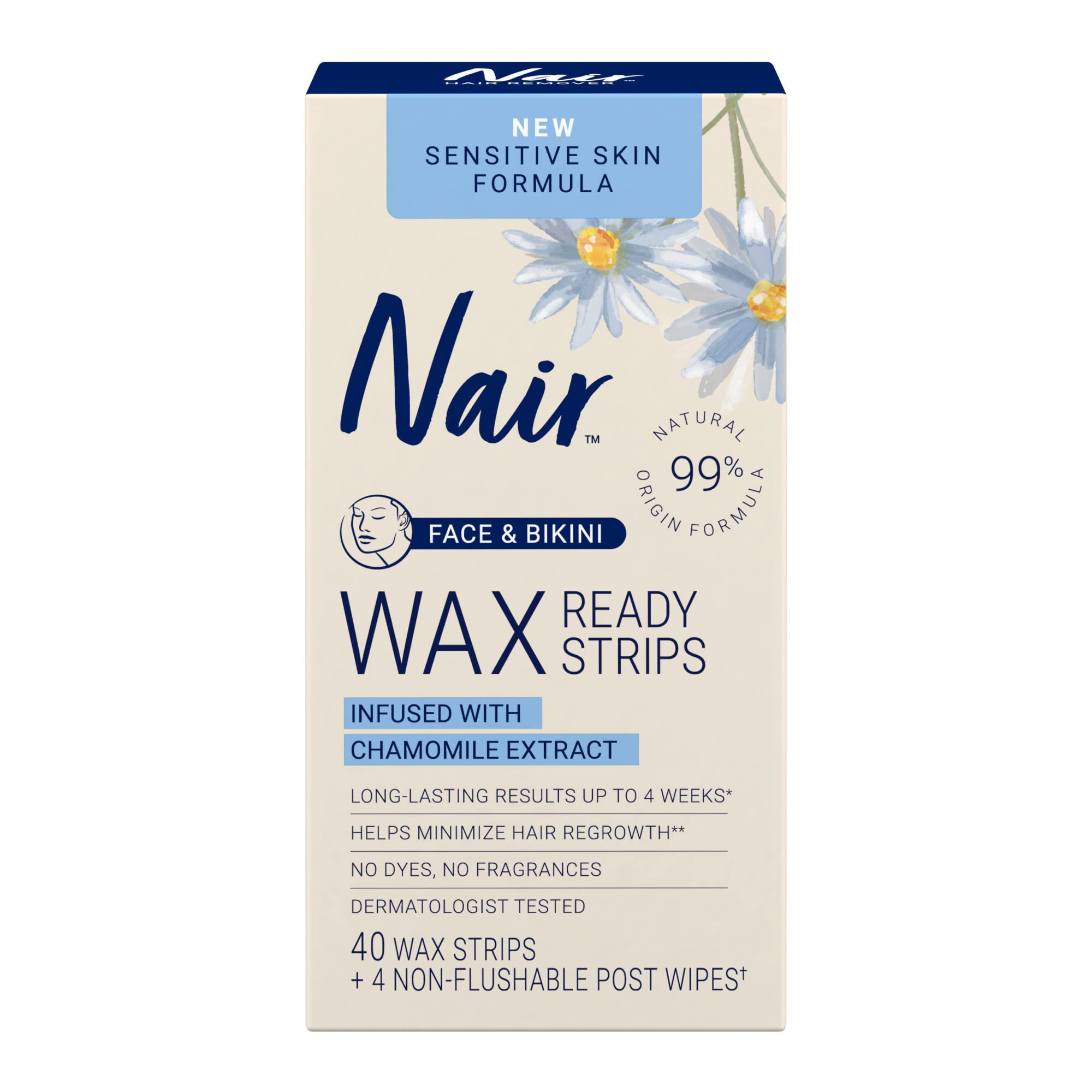 Nair Sensitive Hair Remover Wax Ready Strips, Face and Bikini Hair Removal Wax Strips, 40 Count | Amazon (US)