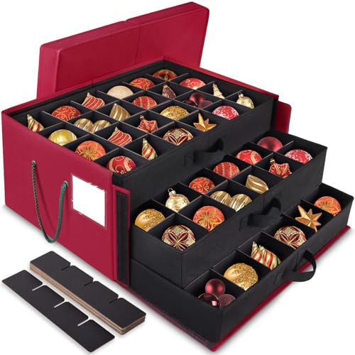 BlessedSeason Christmas Ornament Storage Box，Stackable 3 Drawer Organizers，Max 72 3" Christmas bauble, Adjustable Christmas Ball Storage Container Bins, Red | Amazon (US)