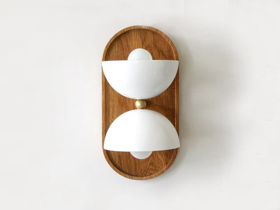 Oak and White Double Farmhouse Sconce Light Oak Bedside Lamp Double Oval White Kitchen Sconce Woo... | Etsy (US)