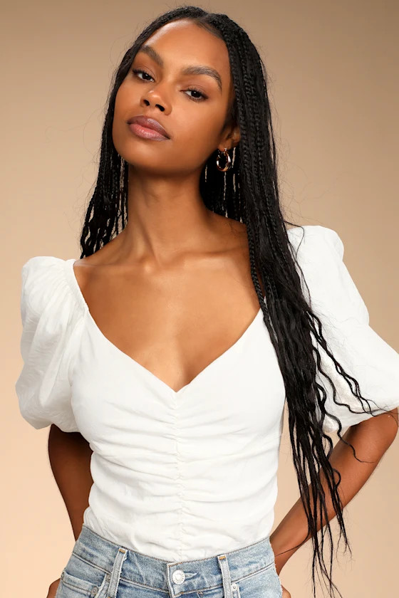 Pretty Popular White Ruched Puff Sleeve Bodysuit | Lulus (US)