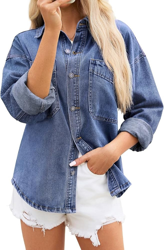 Women Denim Shirt Jacket Oversized Button Down Jean Shacket chambray Shirt | Amazon (US)