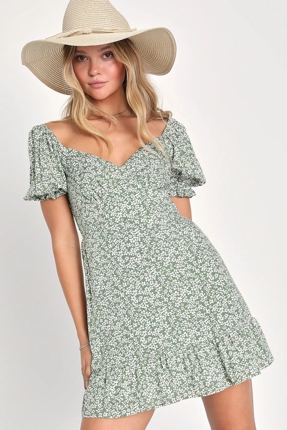 Grateful Feelings Sage Green Floral Print Puff Sleeve Mini Dress | Lulus (US)