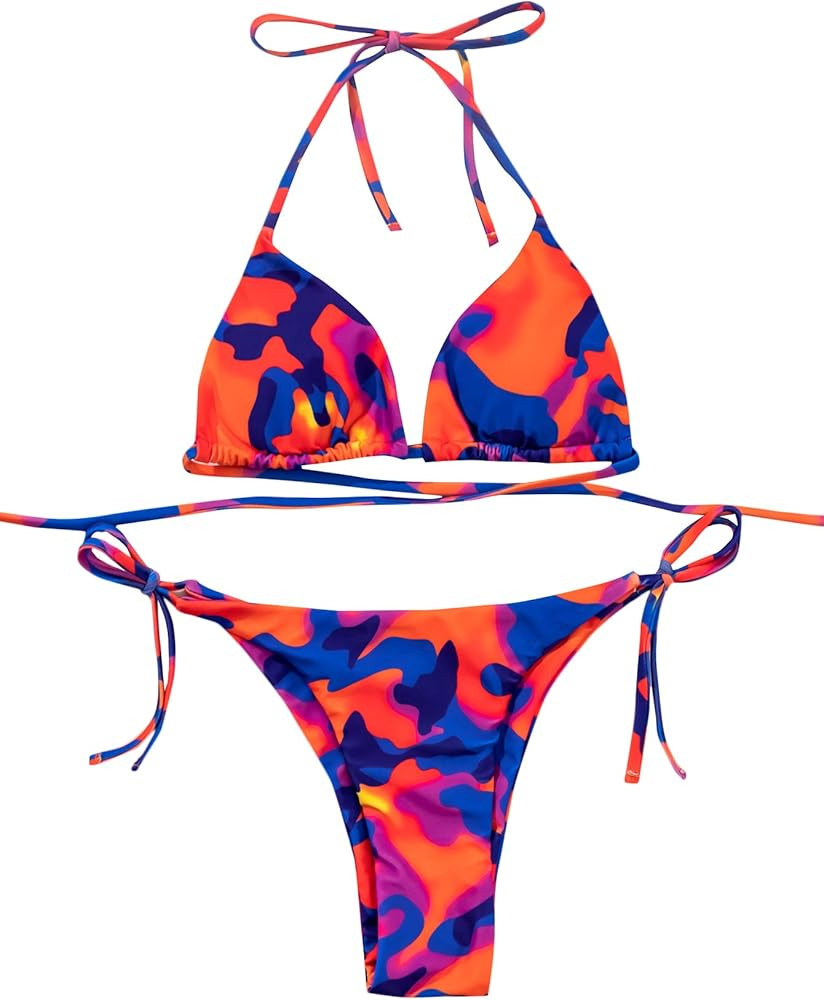 Amazon.com: SOLY HUX Women's Floral Print Bikini Sets Halter Tie Side Triangle Sexy Swimsui : Clo... | Amazon (US)