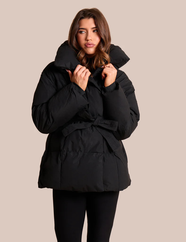 Tie Detail Short Padded Duvet Puffer Coat Black | Public Desire