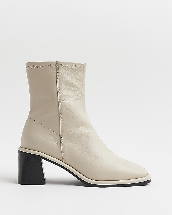 Cream leather block heeled ankle boots | River Island (UK & IE)