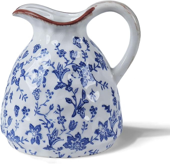 Blue and White Ceramic Vase with Handle – 7.28 Inch Vintage Crackle Glaze Pitcher Style Flower ... | Amazon (US)