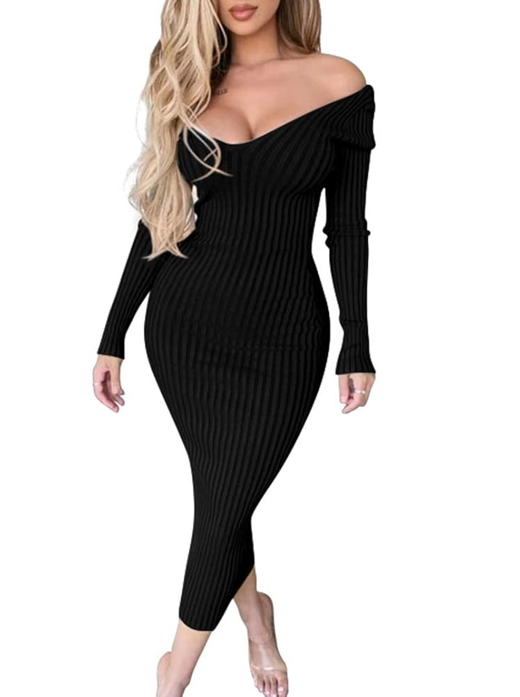 BEAGIMEG Women's Sexy Long Sleeve Off Shoulder Knit Bodycon Long Dress | Amazon (US)