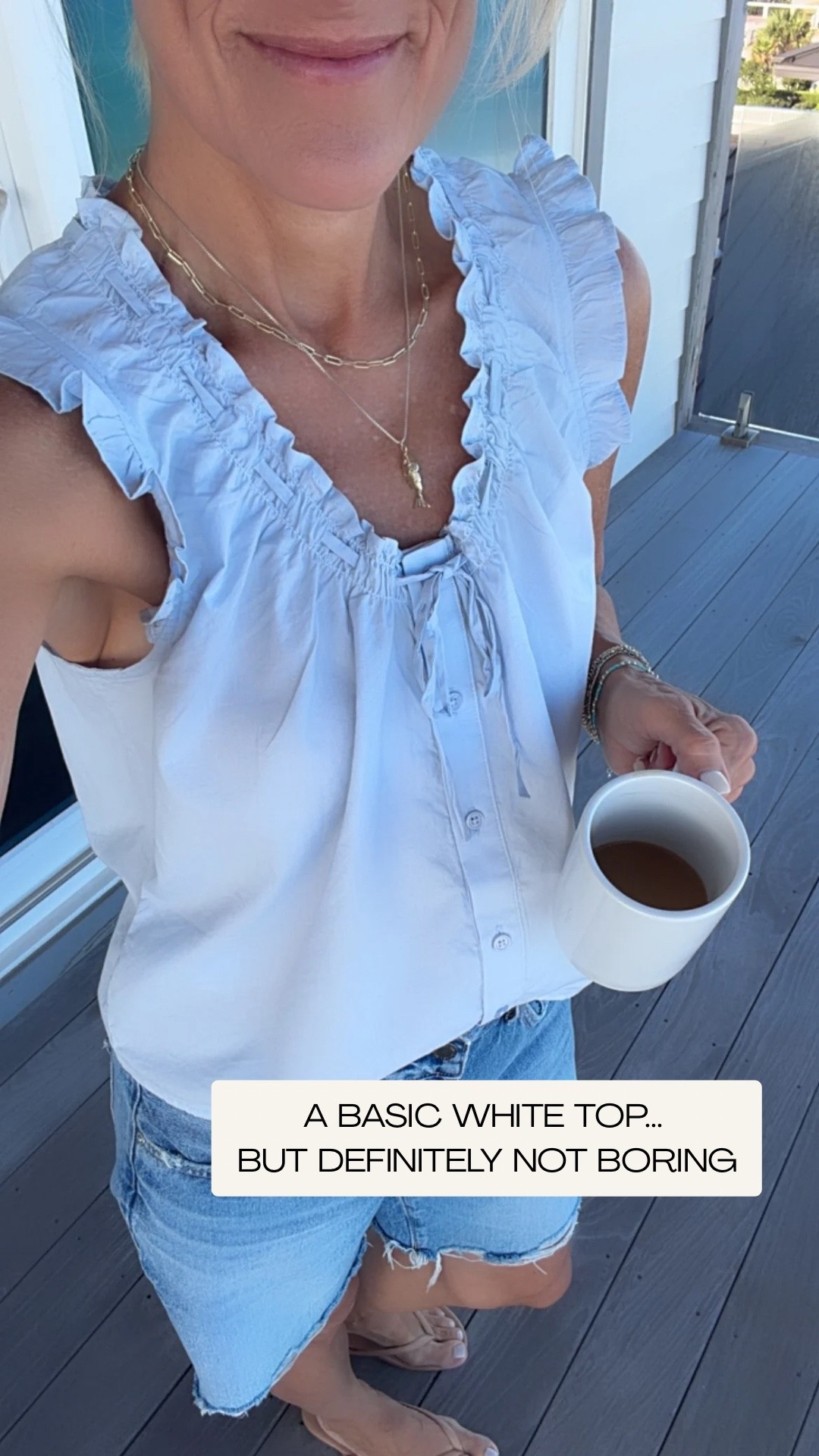 A basic white top… but definitely not boring. 🤍 I love the feminine ruffle details and lightweight feel of this one. It’s easy to wear with denim shorts now, then style with jeans, linen pants, or a skirt for so many different looks.

💡 LTK MADE EASY
❤️ Heart = Support my posts!
🔖 Save = Get sale & restock alerts
📋 Lists = Keep favorites organized
📲 Share = Send lists and products to a friend. Hello, Christmas List!
💬 Comment = Ask me anything about what I’m wearing. :-)

#LTKootd #LTKOver40