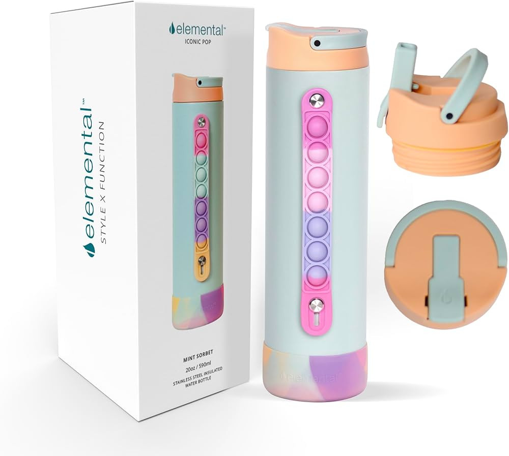 Elemental Iconic Kids Water Bottle with Straw Lid & Stress Reliever Pop It Handle, Leak-Proof Whe... | Amazon (US)