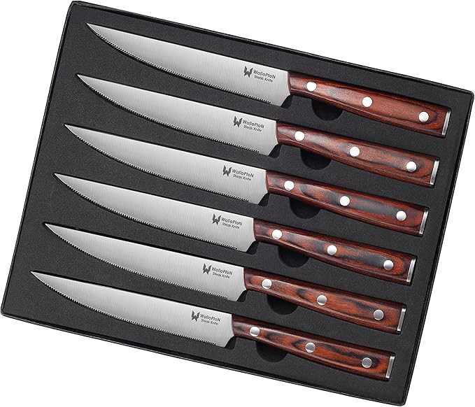 Set of 6 Steak Knives - Sturdy Full Tang Wood Handle, Fine Serrated Sharp Edge for Smooth Cutting... | Amazon (US)