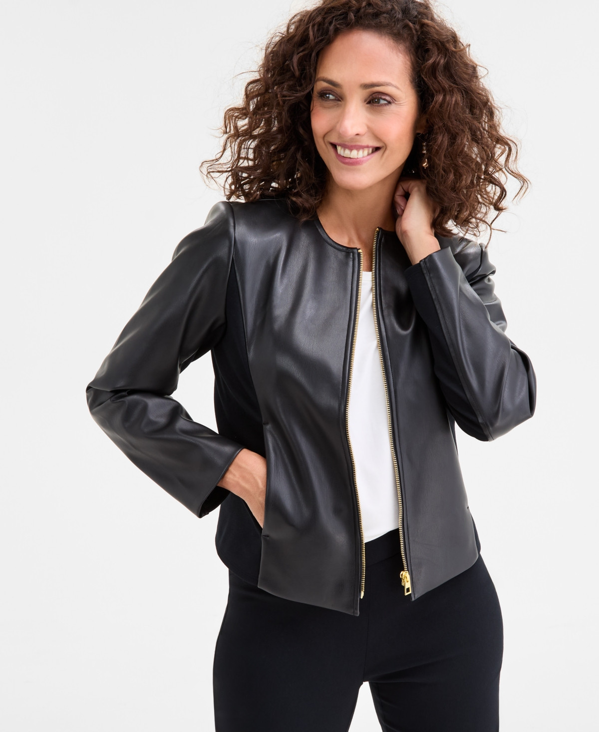 Jm Collection Women's Faux-Leather Jacket, Macy's Exclusive - Deep Black | Macy's