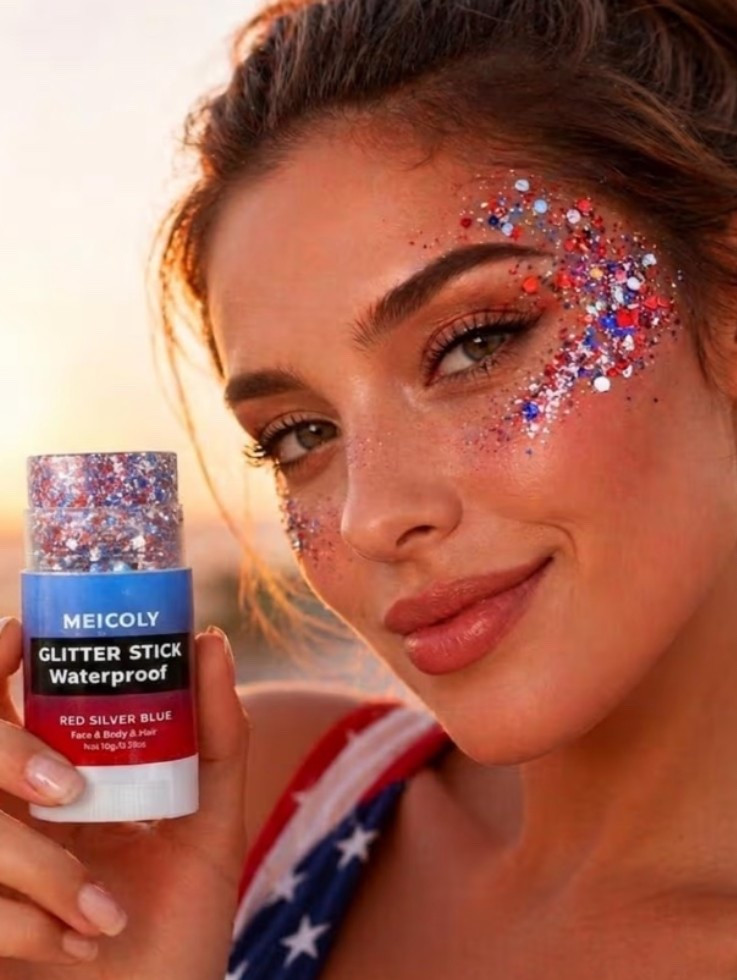 Red White and Blue Face Body Glitter Stick with Star Sequins